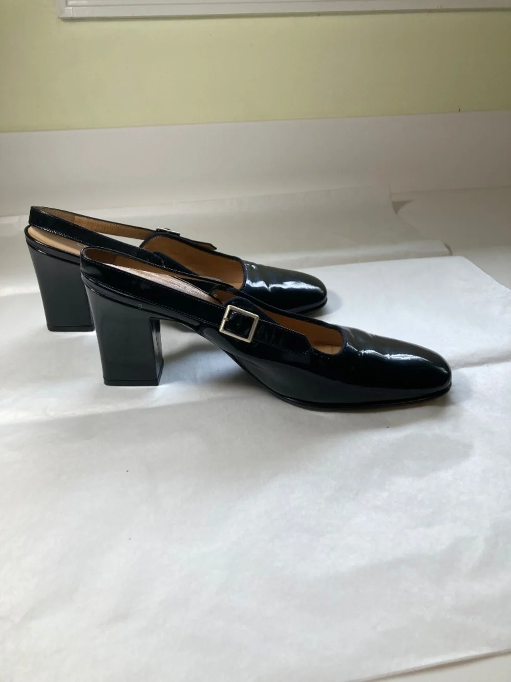 Calvin Klein S6 Slingback Patent Leather Block Heel Pumps - silver strap buckle